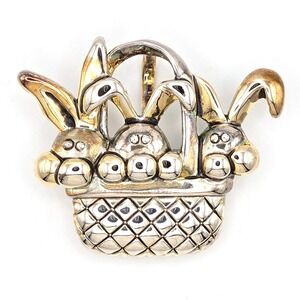 Vintage MJ Jewelry Two Tone Easter Bunny Basket Brooch or‎ Pendant Rabbit